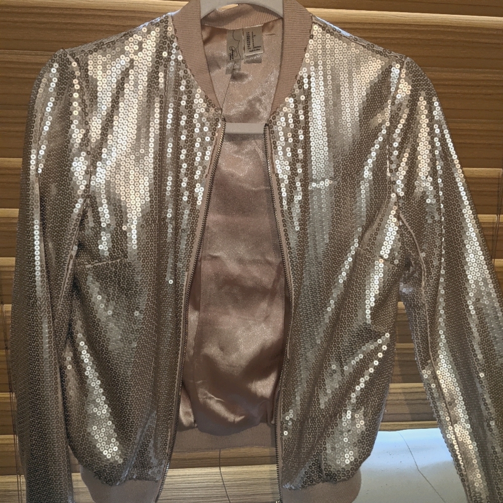 Blush/rose gold Sequin bomber jacket, lightweight